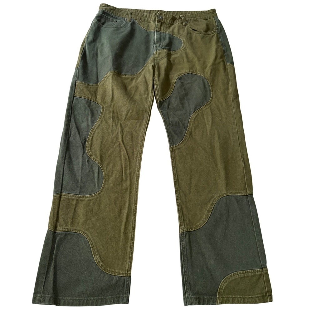 Kody Phillips Olive Green Wavy Curve Jeans Mens Size 38 Graphic Panel Wide Leg